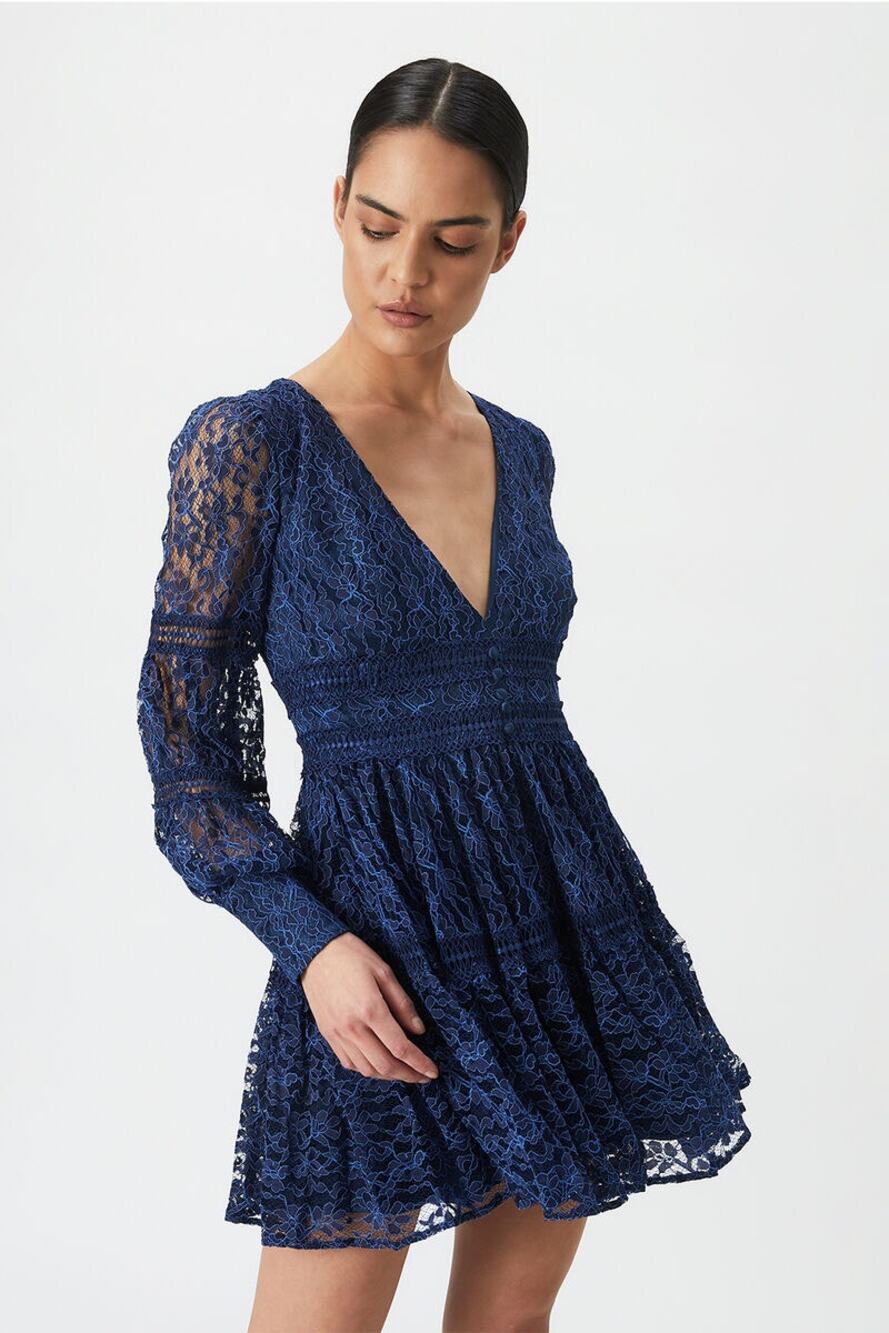 [Bardot] Navy Blue Deep V-Neck Venice Floral Lace Tiered Mini Dress Size Large L